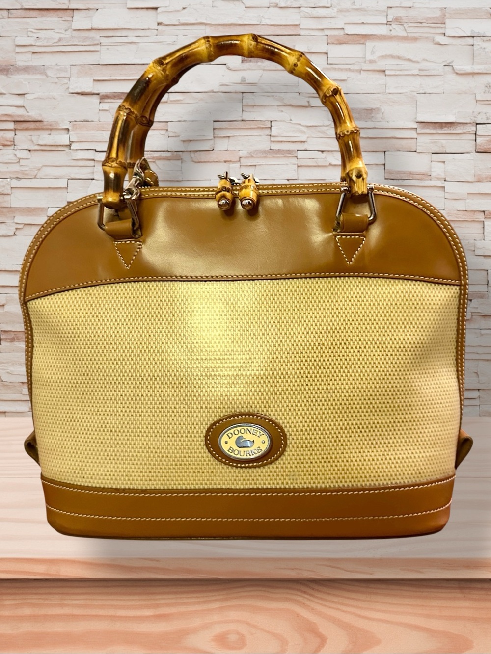 Vintage Dooney & Bourke Panama Collection Zip-Zip Satchel Natural Bamboo Handles